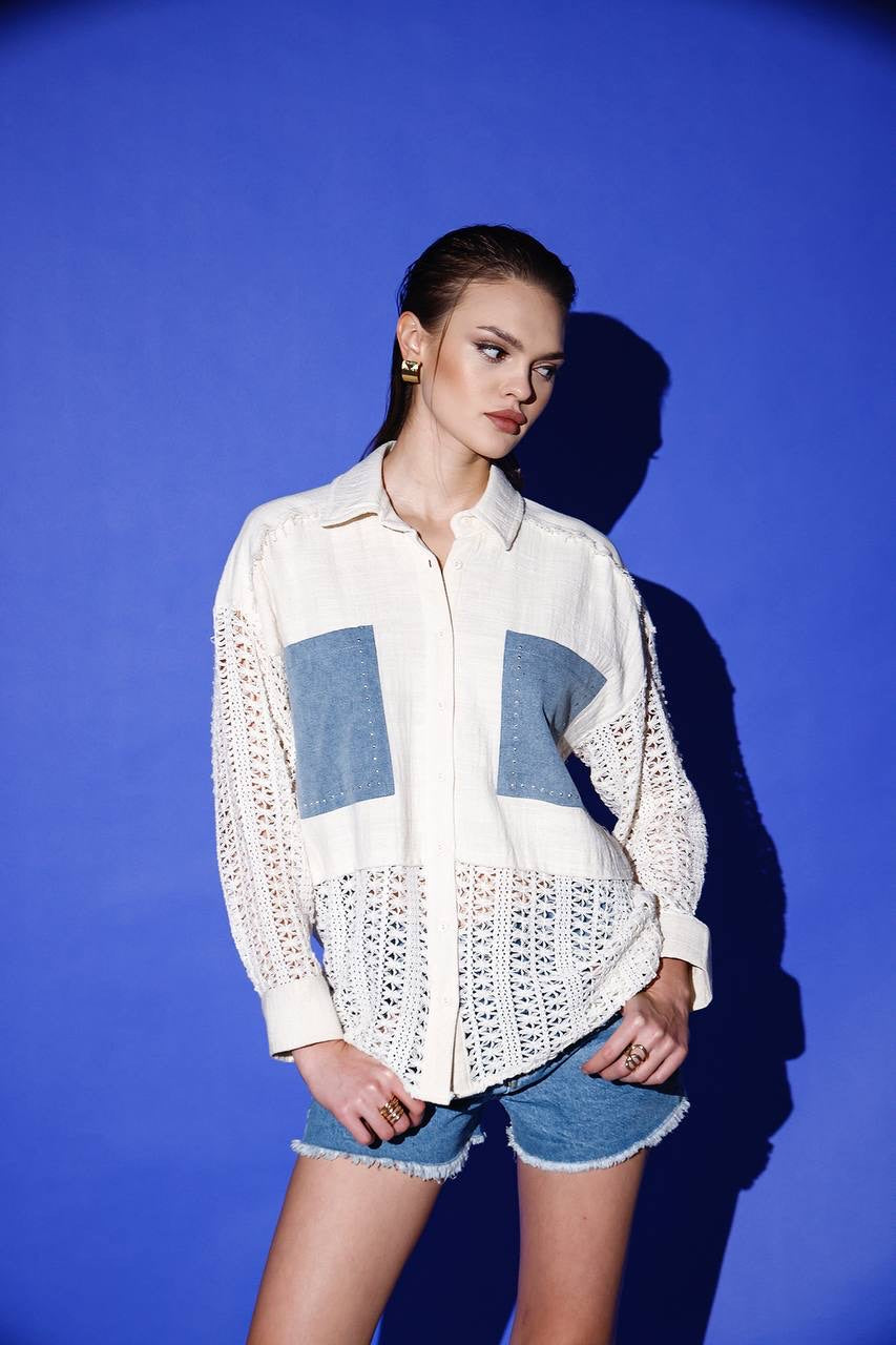Chemise en lin à poche en jean
